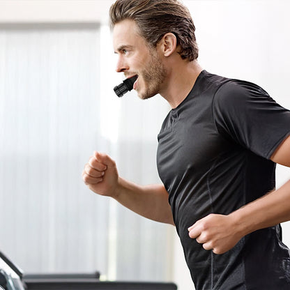 Men Running with Black VO2 Max Breath Trainer for Lung Strength and Cardio while Running on Treadmill
