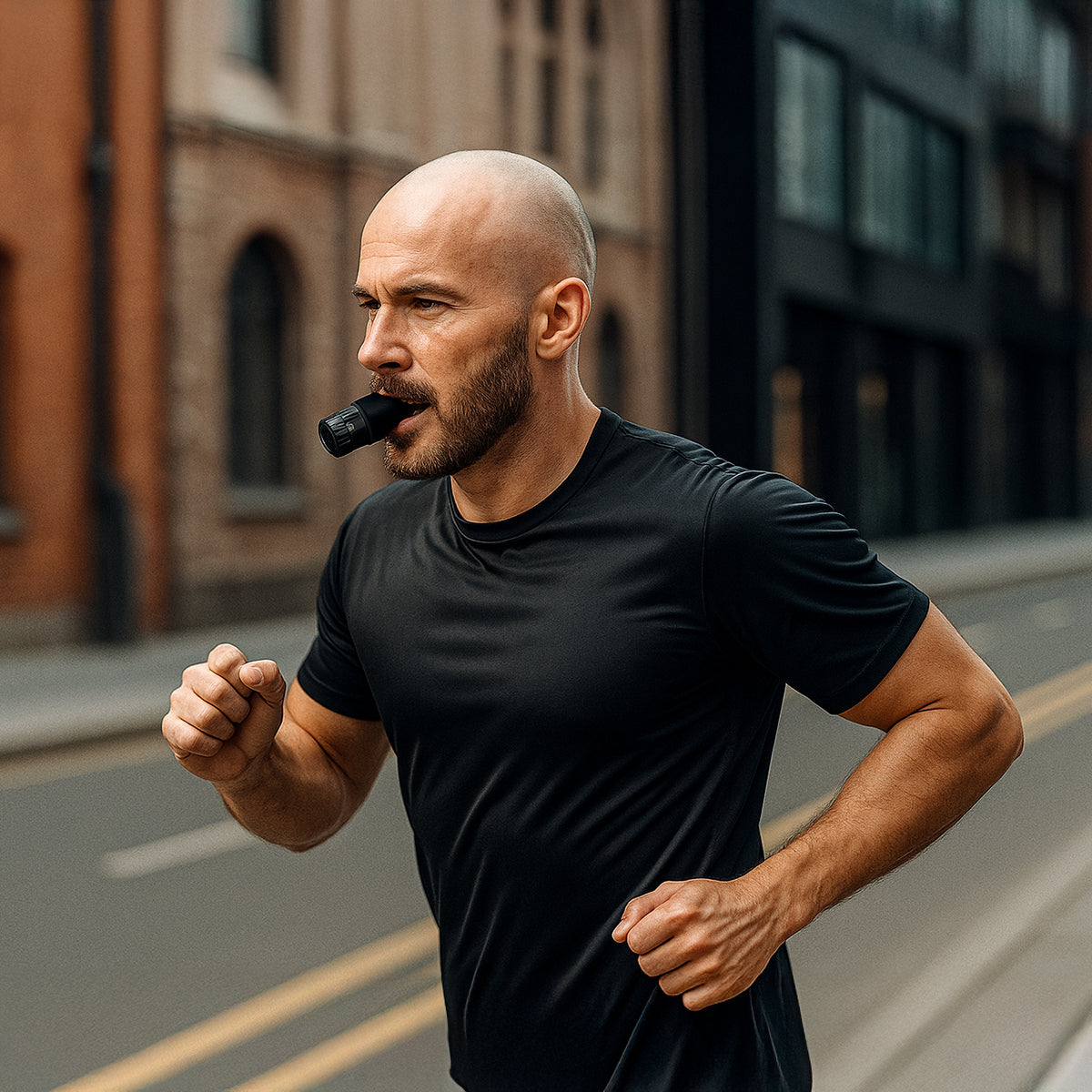 Man with a black  VO2 Max Breath Trainer for Lung Strength and Cardio Endurance  while he is running outside 